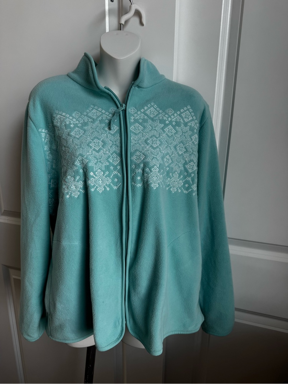 croft & barrow Aqua Fleece Zip Jacket with White Snowflake Embroidery - Picture 4 of 8